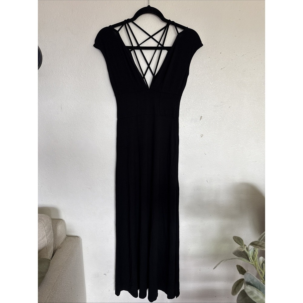 ASOS Long Black Open Back Dress Viscose Size 2 Petite Maxi Strappy Cocktail Slit